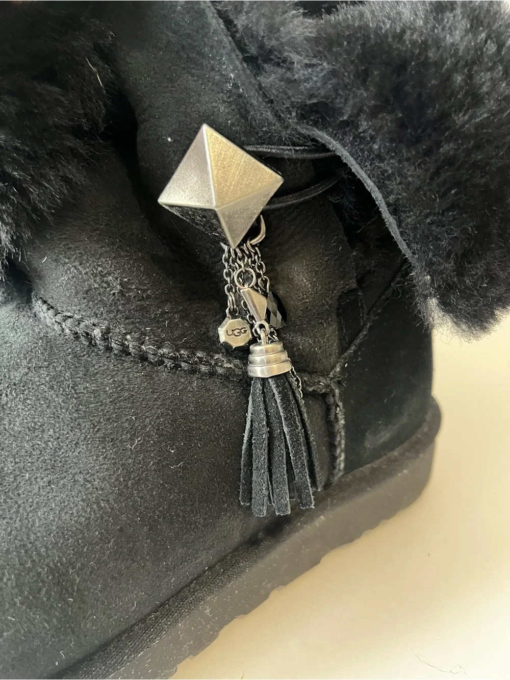 Ugg Black Suede shearling Fluff Collar details Button Ankle Boots size 10